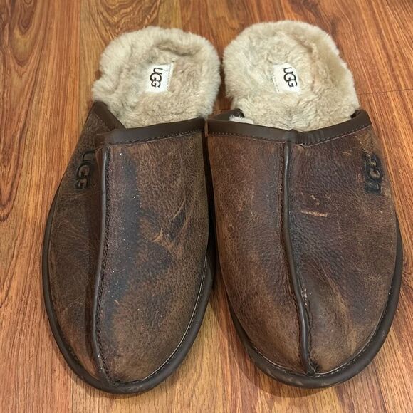 UGG Men’s slide slippers, brown distressed leather size 12 - Picture 1 of 6